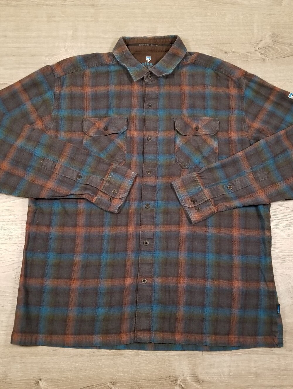 Kuhl Dillinger Flannel Button Down Shirt Mens XL Blue Brown Plaid Long Sleeve